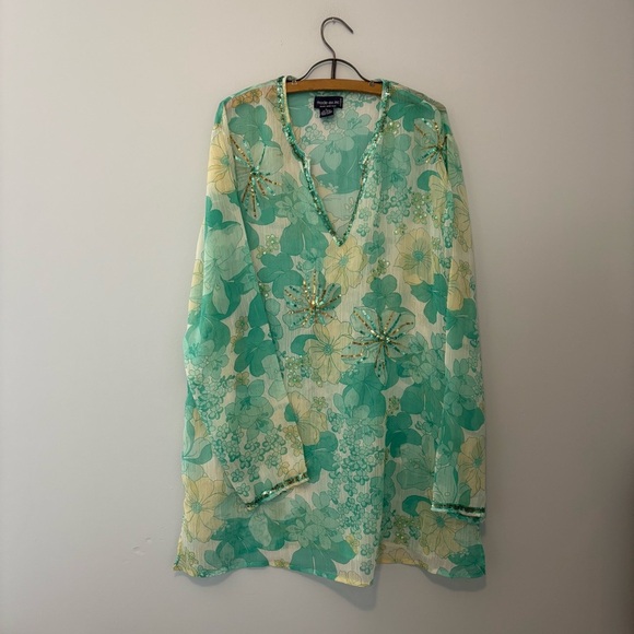 Woman’s XL Floral Sheer Tunic Top with Sequins Boho Festival Coastal Resort - Picture 1 of 7